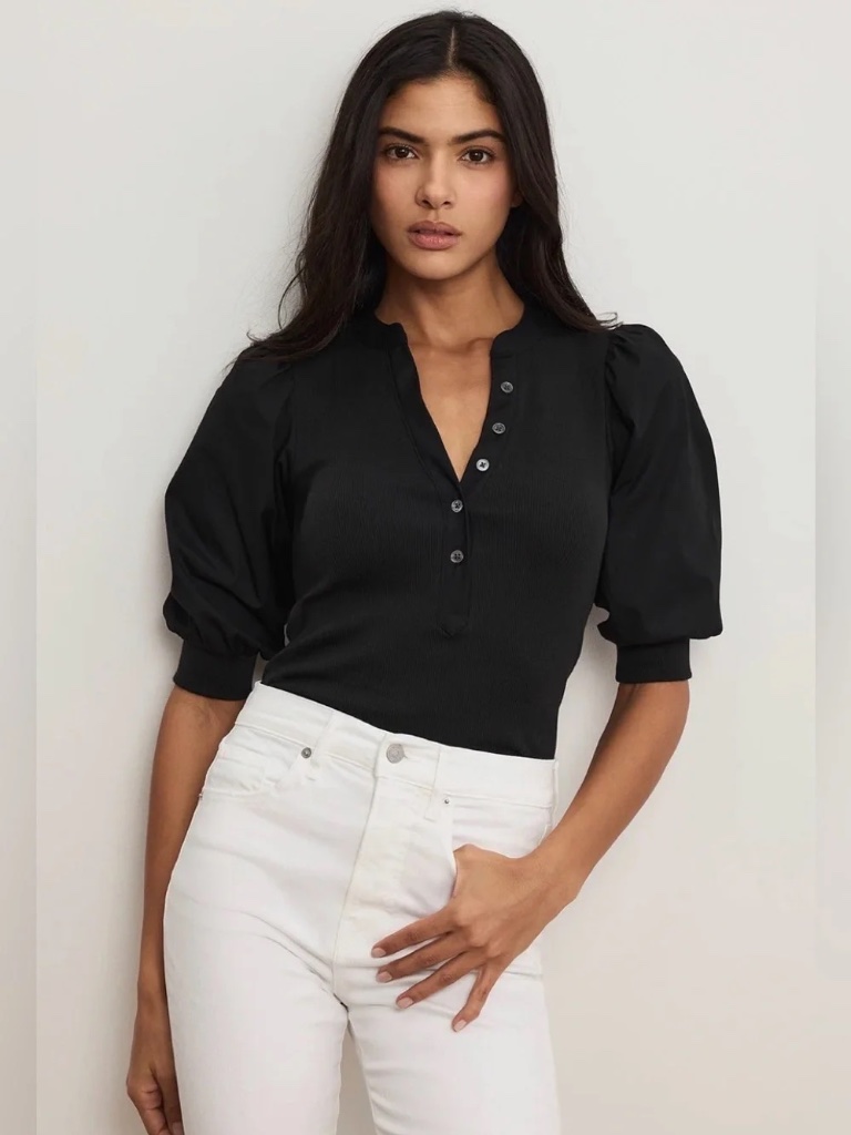 Veronica Beard Coralee Puff Sleeve Top Black - Size Xs